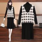 Set: A-line Knit Dress + Patterned Knit Vest Vest - White - One Size / Dress - Black - One Size