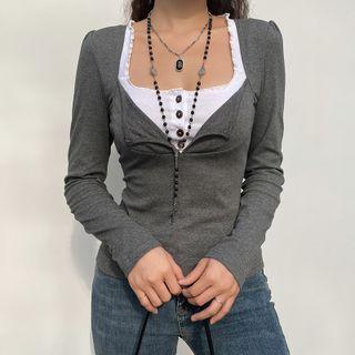 Mock Two-piece Long Sleeve Square Neck T-shirt
