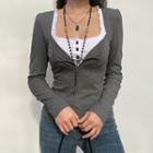 Mock Two-piece Long Sleeve Square Neck T-shirt
