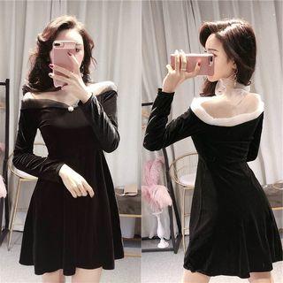 Long-sleeve Mesh Panel A-line Mini Velvet Dress Black - One Size