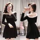 Long-sleeve Mesh Panel A-line Mini Velvet Dress Black - One Size