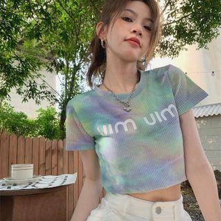 Short-sleeve Lettering Tie-dyed Crop T-shirt