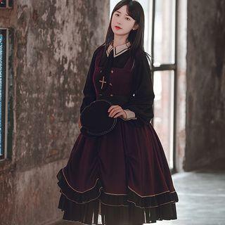 Contrast Trim Shirt / Embroidered Midi Overall Dress / Hooded Cape / Set