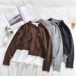 Mock Two-piece Asymmetric Panel Crewneck Long-sleeve Sweater
