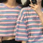 Elbow-sleeve Striped Lettering Print T-shirt