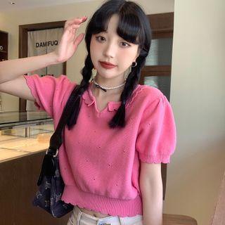 Puff-sleeve Perforated Frill Trim Knit Cropped Top