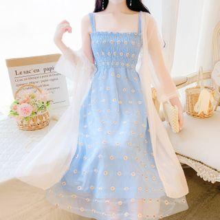 Floral Print Sleeveless Midi A-line Dress / Open-front Midi Jacket / Set