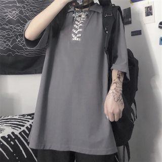 Short Sleeve Lace-up Polo Shirt