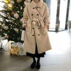 Double-breasted Faux-fur Coat With Sash Beige - One Size