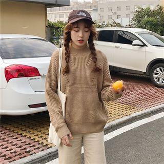 Mock Neck Perforated Sweater Almond - One Size