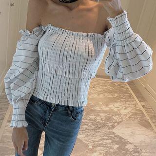 Off-shoulder Striped Smocked Blouse As Shown In Figure - One Size