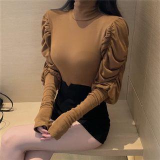 Puff-sleeve Ruffle Trim Plain T-shirt
