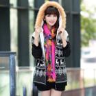 Furry Trim Hooded Snowflake Pattern Cardigan