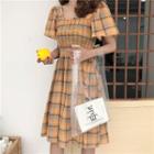 Short Bell Sleeve Square Neck Check A-line Dress