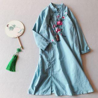 Long-sleeve Floral Embroidered Midi Qipao Dress