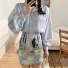 Plain Long-sleeve Loose-fit Blouse / Print Slim-fit Skirt