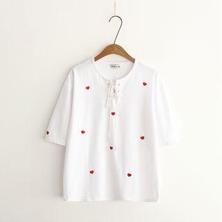 Heart Embroidered Lace-up Short-sleeve T-shirt