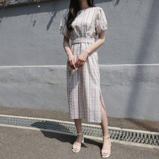 Puff-sleeve Tie-waist Plaid Dress