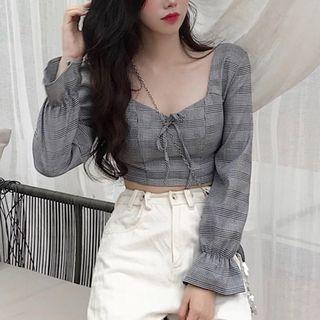 Plaid Long-sleeve Top As Shown In Figure - One Size