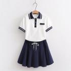 Set: Color Block Polo Shirt + Drawstring Mini Skirt Set - One Size