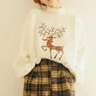Deer Embroidered Mock-neck Sweater White - One Size