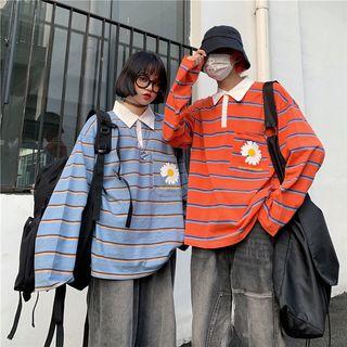 Flower-print Long-sleeve Striped Polo Shirt