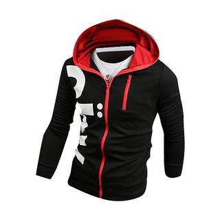 Lettering Contrast Trim Zip Hoodie