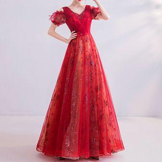 Rhinestone Cold Shoulder A-line Evening Gown