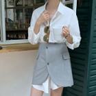 Set : Long-sleeve Plain Shirt + Asymmetrical Short Skirt
