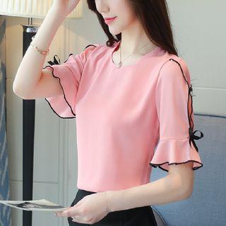 Ruffle Trim Elbow-sleeve Chiffon Top (various Designs)