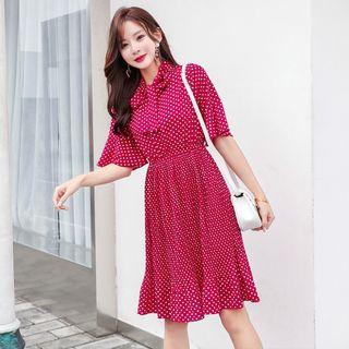 Elbow-sleeve Pleated Polka Dot A-line Dress