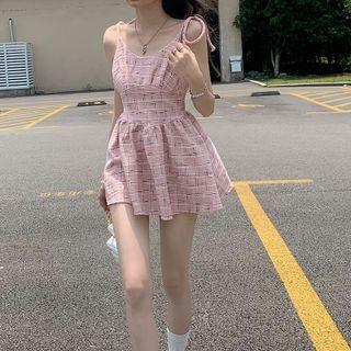 Spaghetti Strap Plaid A-line Dress / Denim Shrug