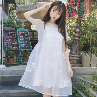 Set: Flower Embroidered Short Sleeve Mesh Dress + Slipdress