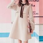 Tie-neck Long-sleeve Collared A-line Dress