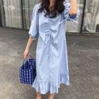 Elbow-sleeve Drawstring Midi A-line Dress