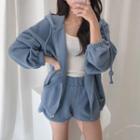 Set: Long-sleeve Plain Zipped Hooded Jacket + High-waist Plain Shorts