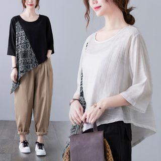 3/4-sleeve Paisley Print Panel Top