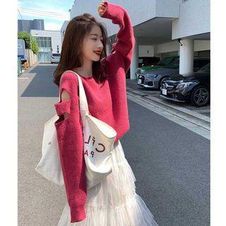 Plain Round-neck Cutout Sweater