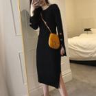 Side Slit Long-sleeve Knit Sheath Dress