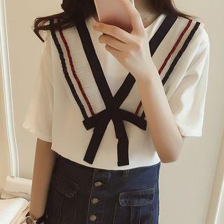 Elbow-sleeve Pleated Panel Chiffon Top