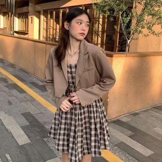 Cropped Blazer / Spaghetti Strap Plaid Dress