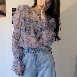 Flare-sleeve Chiffon Top Light Purple - One Size