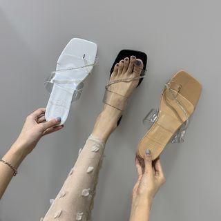 Rhinestone Transparent Strap Toe-loop Block Heel Slide Sandals