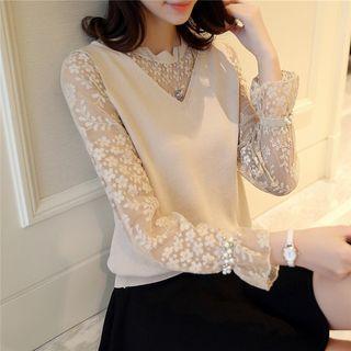 Mock Two-piece Long-sleeve Lace Knit Sweater