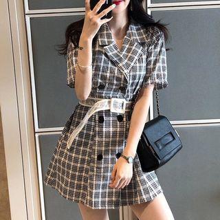 Short-sleeve Plaid Double Breasted Mini Dress