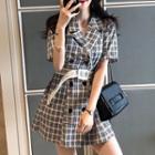 Short-sleeve Plaid Double Breasted Mini Dress