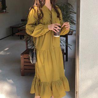 Puff-sleeve Tie-neck Midi A-line Dress
