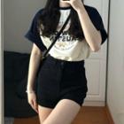 Two Tone Oversized Elbow-sleeve Printed T-shirt