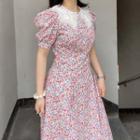 Lace-collar Floral Print Slim-cut Dress