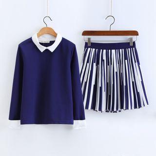 Set: Long-sleeve Collared Top + Accordion Pleat A-line Skirt